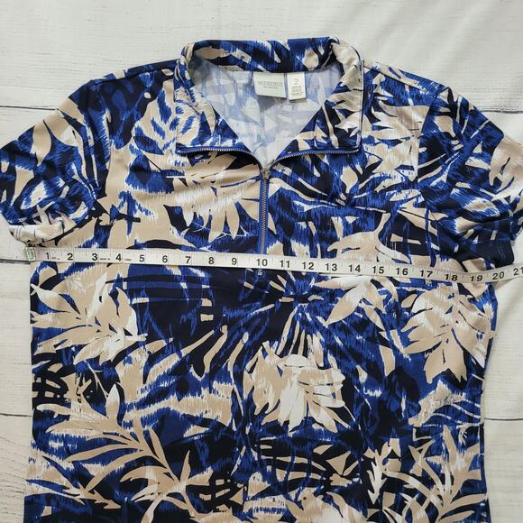 Chico's Size 2 US L Tropical 1/4 Zip Pullover Collared Short Sleeve Top Blue Tan - Picture 9 of 10